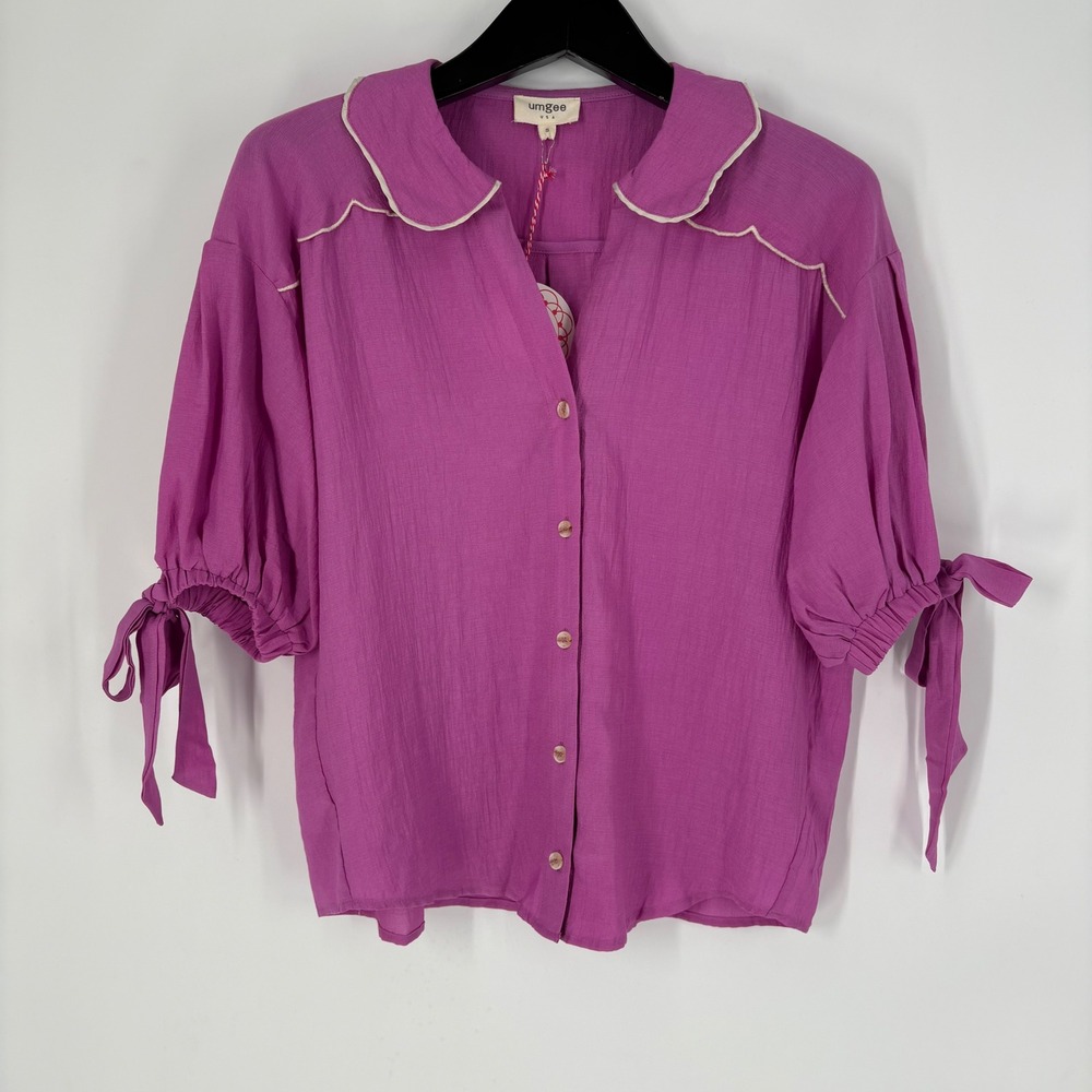 Umgee USA Womens Scalloped Puff‎ Sleeve Button Up Top Oversized Cottage Twee